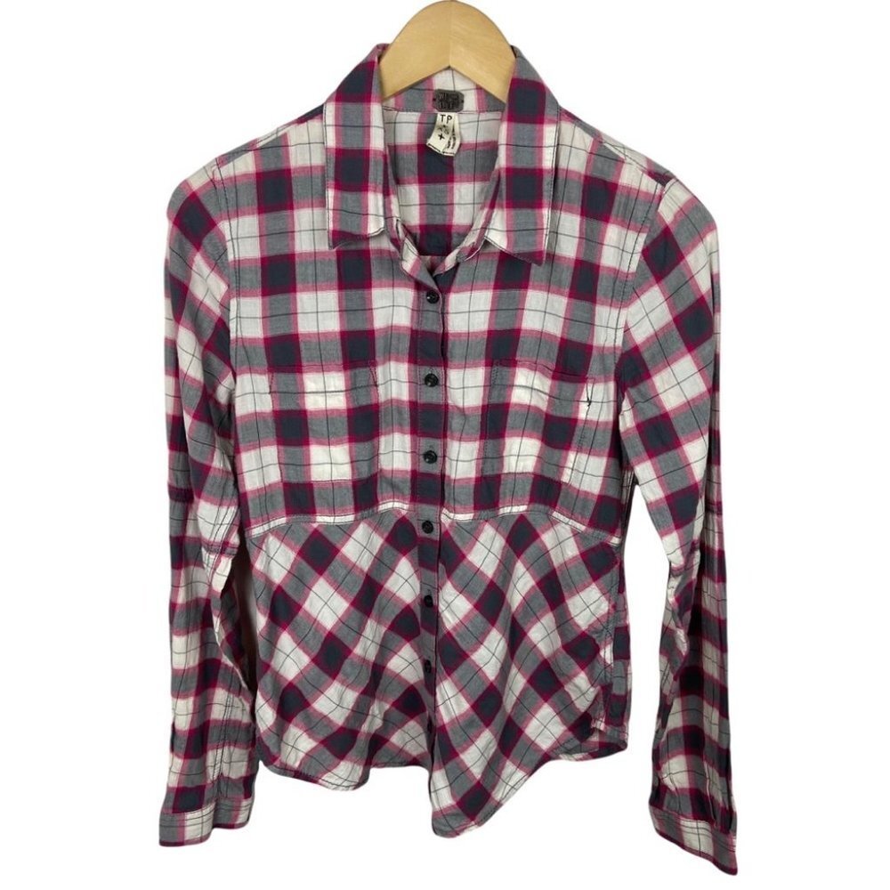 Free People Pink Grey Plaid Button Down Shirt Size XS Long‎ Sleeve Western Boho